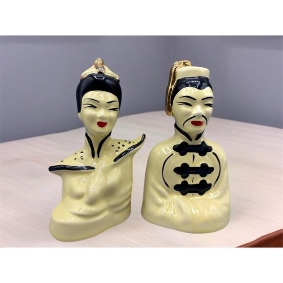 Vtg MCM Asian Ceramic Figurine Bust Pair Yellow Gold Accents - Picture 1 of 7